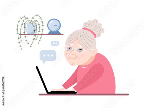 Happy grandmother is sitting at a laptop. Vector illustration