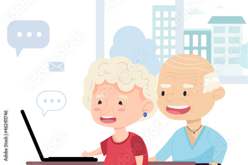 Happy grandparents are sitting at a laptop. Vector illustration