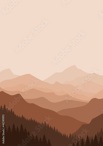 Vector illustration of beautiful  mountain landscape with fog and forest. Sunrise and sunset in mountains. Vector illustration, poster