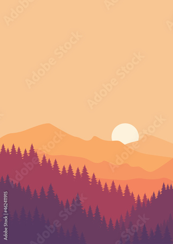 Vector illustration of beautiful mountain landscape with fog and forest. Sunrise and sunset in mountains. Vector illustration, poster