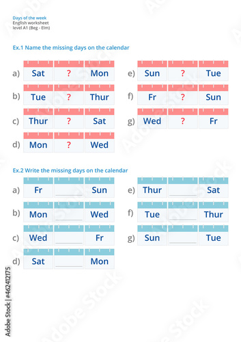 Vector worksheet of days of the week in English. English handout of learning days of the week.