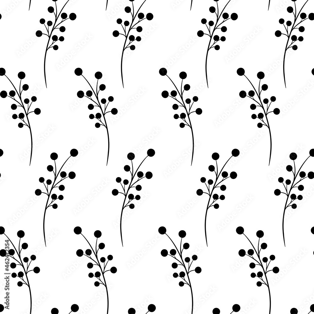 Black sprigs with berries on a white background seamless pattern. Monochrome symmetrical continuous background. Template for wallpaper, packaging and fabric.