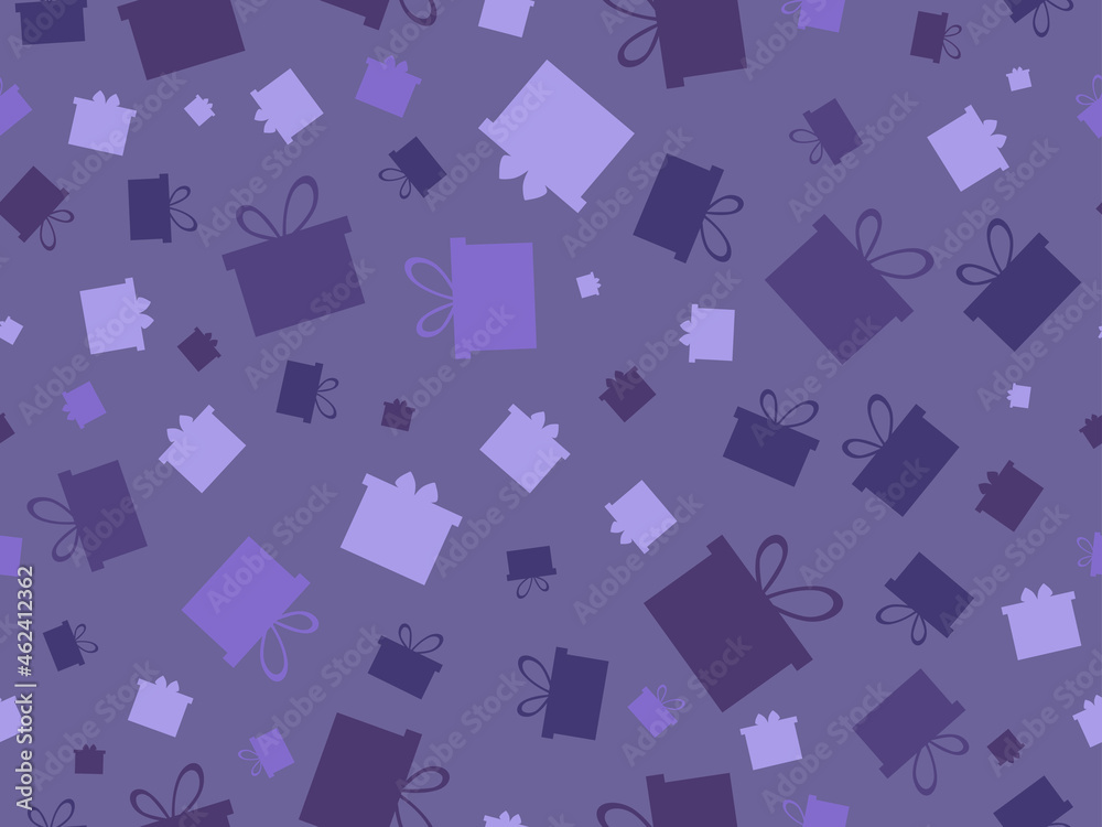 Gift box seamless pattern. Gifts are scattered in a chaotic manner. Design for wrapping paper, promotional materials, banners and posters. Vector illustration