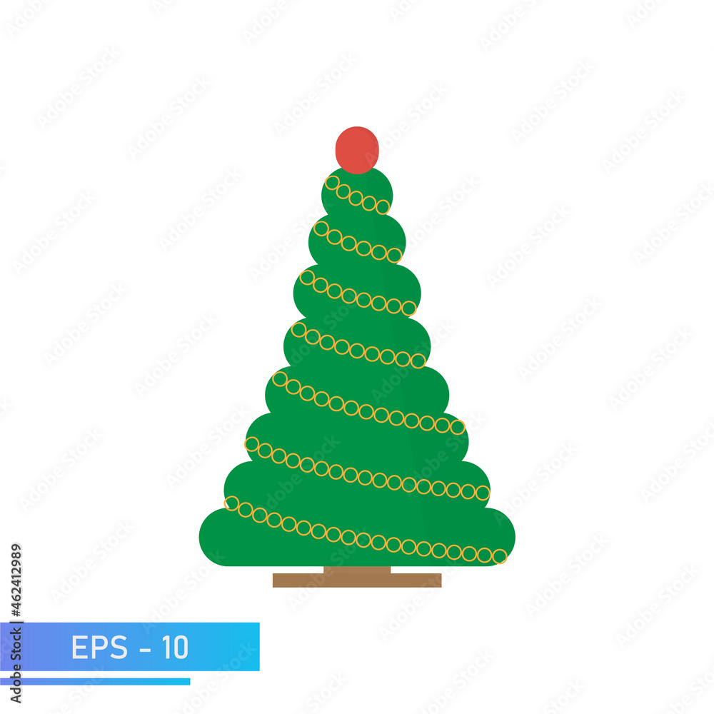 Classic simple christmas tree in green color with gold chain. Modern illustration. Flat vector illustration.