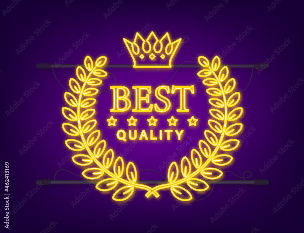 Best quality Gold neon sign with laurel. Vector stock illustration Best quality Gold neon sign with laurel. Vector stock illustration