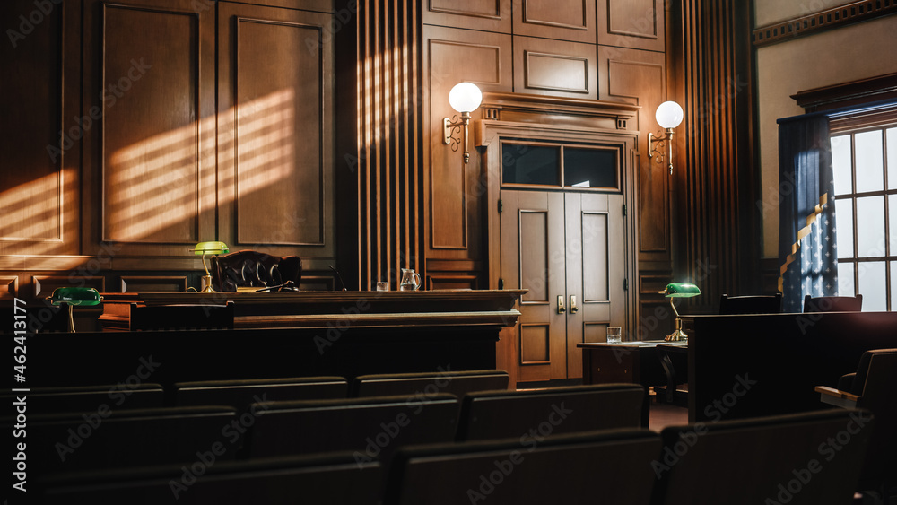 Empty American Style Courtroom. Supreme Court of Law and Justice Trial Stand. Courthouse Before Civil Case Hearing Starts. Grand Wooden Interior with Judge's Bench, Defendant's and Plaintiff's Tables. - obrazy, fototapety, plakaty 