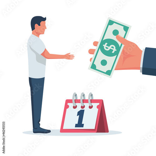 Salary payment. The head pays the employee wages. Payroll concept. Vector illustration flat design. Isolated on white background. The first day of the payday calendar.