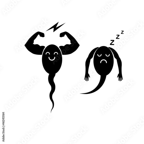 Sperm icon. Reproduction icon. Vector illustration flat design. Isolated on white background. Comic strong and weak spermatozoa. Strong and weak. Sleeping and active.