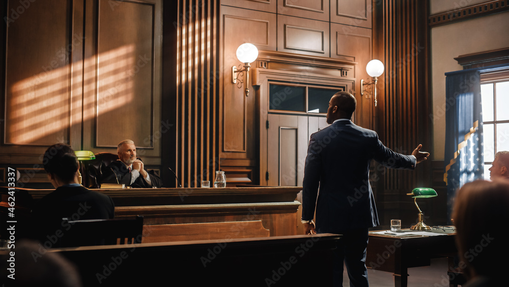 Court of Justice and Law Trial Male Public Defender Presenting Case