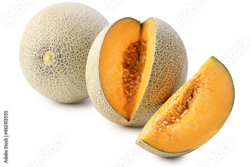 Close up of beautiful slices cantaloupe isolated on white background.