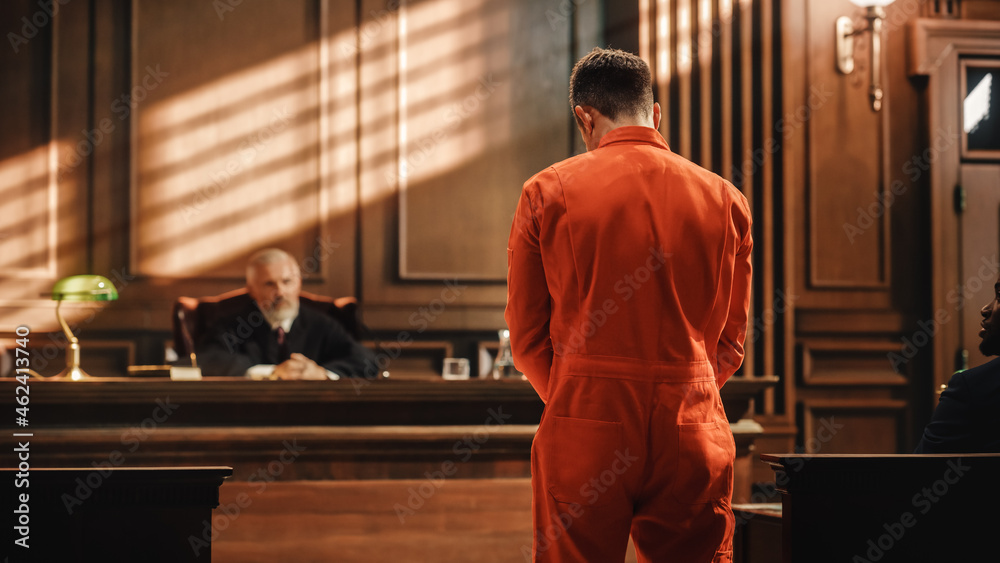 Court of Law and Justice Trial Proceedings: Law Offender in Orange Jumpsuit is Questioned and Giving Testimony to Judge, Jury. Criminal Denying Charges, Pleading, Inmate Denied Parole. - obrazy, fototapety, plakaty 
