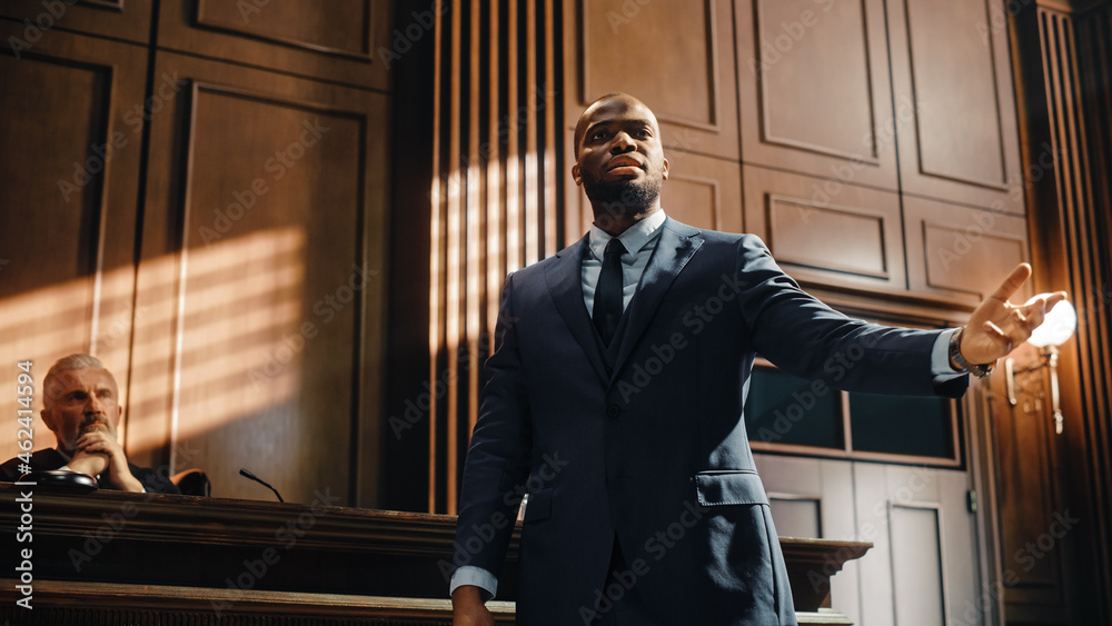 Court of Law Trial in Session: Portrait of Charismatic Male Public Defender  Making Touching, Passionate Speech to Judge and Jury. Attorney Lawyer  Protecting Client, Cross Examining Witnesses Photos | Adobe Stock