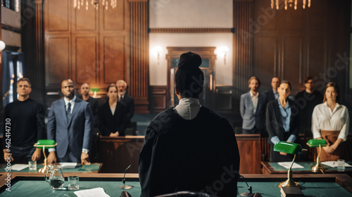 Photography Court of Law Trial: Female Judge and and Jury Stand, Start of a Civil Case Hearing