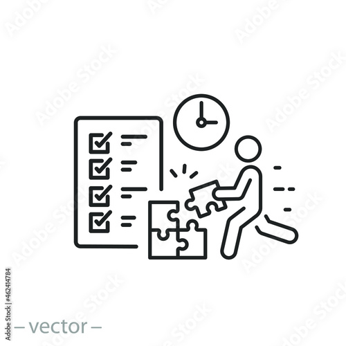 project delivery icon, efficiency period, assurance waiting quality, engineer service, exam registration, time management concept, thin line symbol on white background - editable stroke vector