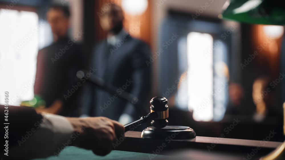 Cinematic Court of Law and Justice Trial: Judge Ruling Out a Positive Decision in a Civil Family Case, Close Up of a Striking Gavel to End Hearing. - obrazy, fototapety, plakaty 