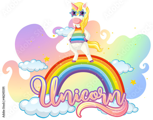 Cartoon character of unicorn standing on rainbow with unicorn font