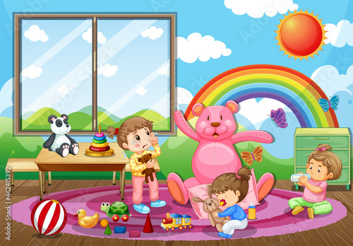 KIndergarten room scene with many kids playing with their toys