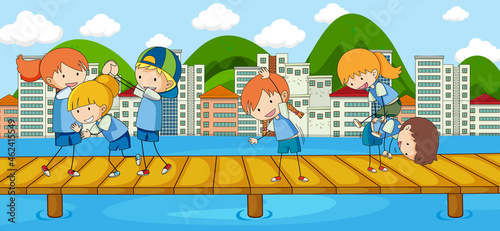 Scene with many dooddle kids cartoon character on the bridge crossing river