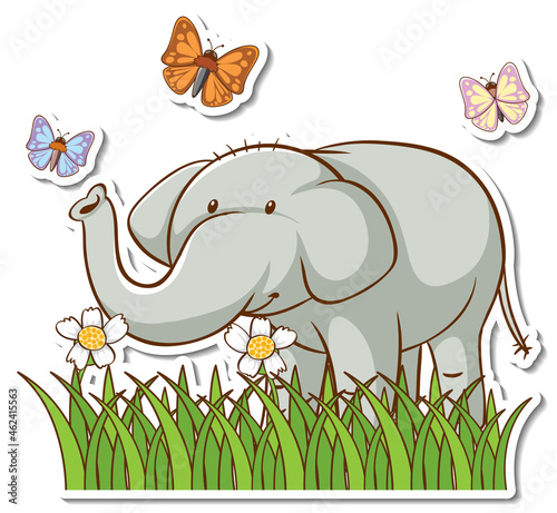 Cute elphant standing in grass field with butterfies sticker