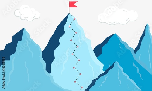 Mountain climbing. Climber's route. Business goal. Climber's path to the top. Tourist travel. Get to the flag. Victory concept. Vector illustration.
