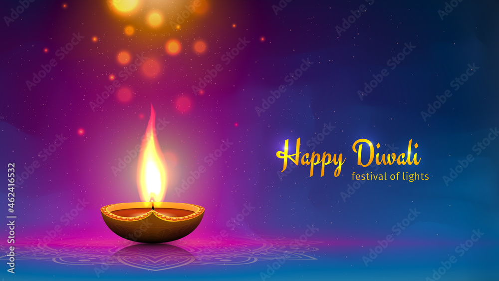 Happy diwali vector illustration. Festive diwali card. Design template with lamp, golden lights, colorful background. Blue magenta background, mandala. Vector holiday illustration