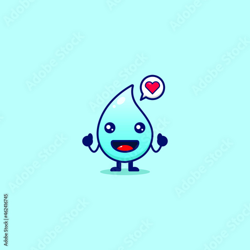 Cute water drop with a happy expression. Isolated on a blue background. Vector illustration of flat face cartoon character mascot