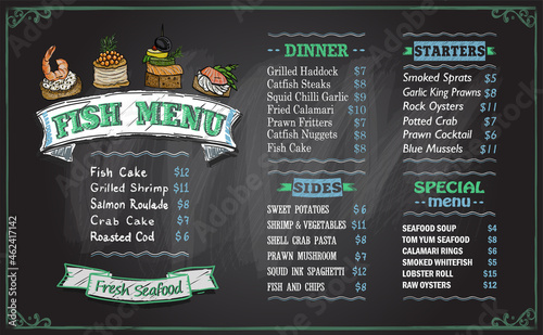 Fish chalk menu board vector template