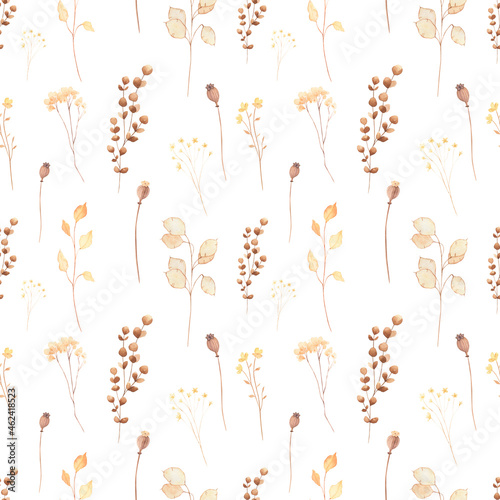 Boho dried flowers watercolor seamless pattern. Trendy color palette bohemian floral digital background. 