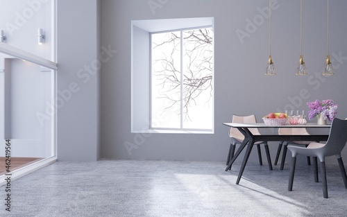 Dining table in the living room in gray tones.Style loft with lamp glass door with clear glass window.3d rendering photo