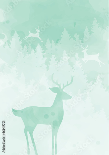 Watercolor winter landscape  white christmas deer illustration