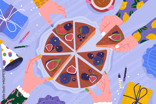 Top view of hands taking piece of cake from plate at a birthday party. Family eating chocolate handmade pie with figs and blueberry. Female hen party or tea drinking concept. Colored vector of dessert