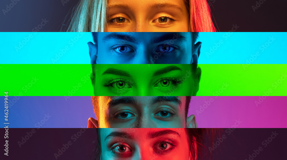 Collage of close-up male and female eyes isolated on colored neon backgorund. Multicolored stripes. - obrazy, fototapety, plakaty 