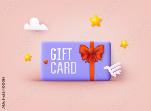 Gift card and promotion strategy, gift voucher, discount coupon and gift certificate concept. 3D Web Vector Illustrations.