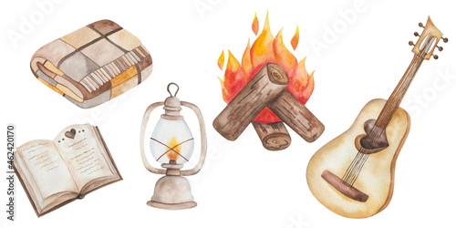 Watercolor illustration hand painted betty oil lantern, book, guitar, fire on logs, checked plaid blanket isolated on white. Design clip art element for camping picnic, cozy autumn postcards, posters photo