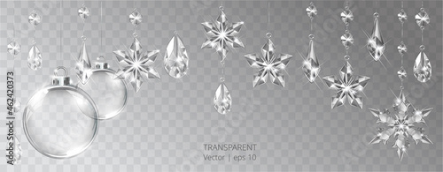 Vector Christmas background with realistic transparent glass balls, snowflakes and decoration. Glass sphere and sparkling translucent crystals