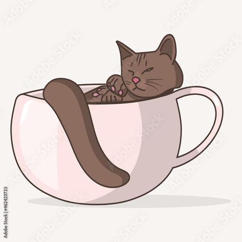 Vector illustration of sleepy lying brown cat in the pink cup of tea. Cartoon drawn design. Logo for coffee shops business on white background isolated. Cute flat decorative children design. 