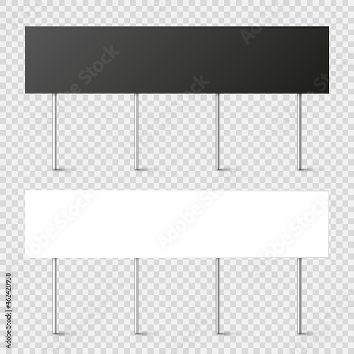 Black and white blank boards with place for text, protest sign. Realistic demonstration or advertising banner. Strike action cardboard placard mockup. Vector illustration.