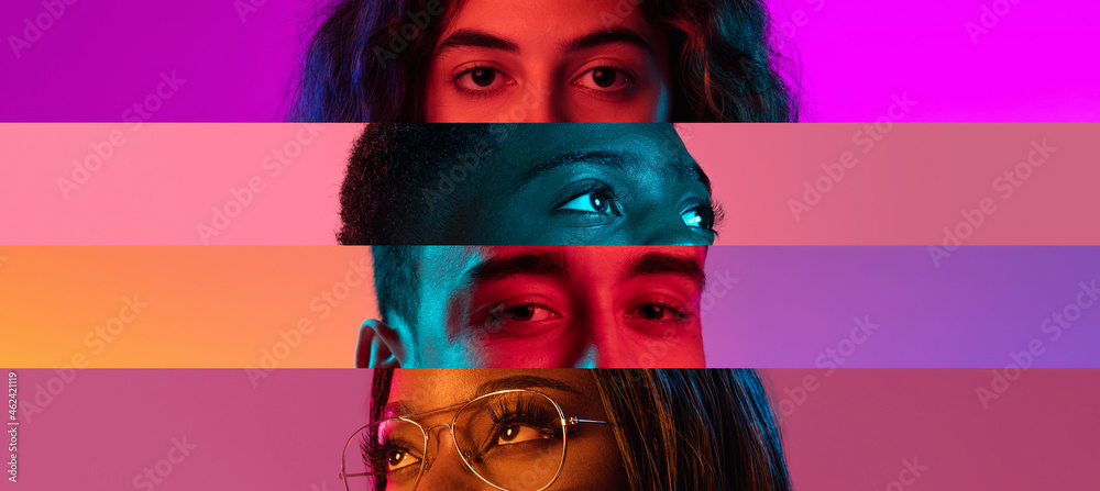 Collage of close-up male and female eyes isolated on colored neon backgorund. Multicolored stripes. - obrazy, fototapety, plakaty 
