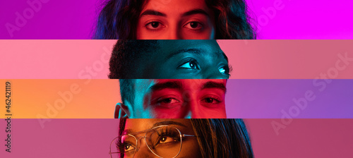 Collage of close-up male and female eyes isolated on colored neon backgorund. Multicolored stripes.