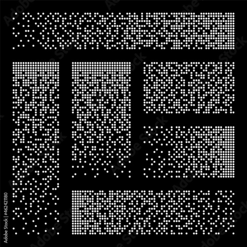 Pixel disintegration, decay effect. Various rectangular elements made of round shapes. Dispersed dotted pattern. Mosaic texture with simple particles. Vector illustration.