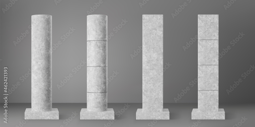 Concrete cylinder and square columns set with rectangular plinth isolated on grey background. Realistic cement 3d pillar for modern room interior or bridge construction. Vector concrete pole base. - obrazy, fototapety, plakaty 
