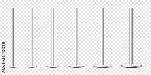 Realistic metal poles collection isolated on transparent background. Glossy steel pipes of various diameters. Billboard or advertising banner mount, holder. Vector illustration.