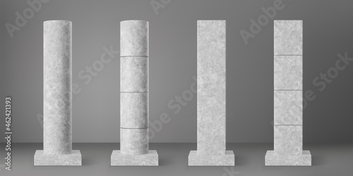 Concrete cylinder and square columns set with rectangular plinth isolated on grey background. Realistic cement 3d pillar for modern room interior or bridge construction. Vector concrete pole base. photo