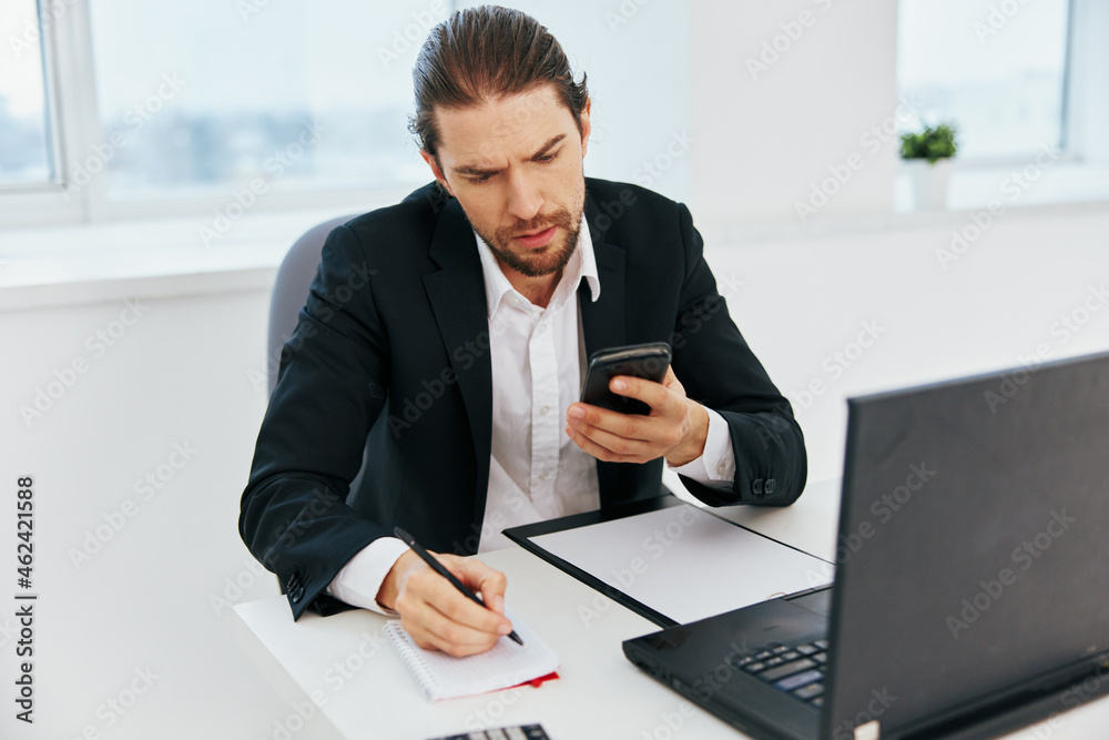 office worker office work documents with a phone in hand boss office worker office work documents with a phone in hand boss