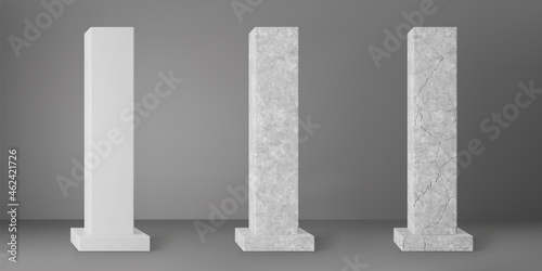 Concrete square columns set with rectangular plinth and cracks isolated on grey background. Realistic old cement 3d pillar for modern room interior or bridge construction. Concrete pole base