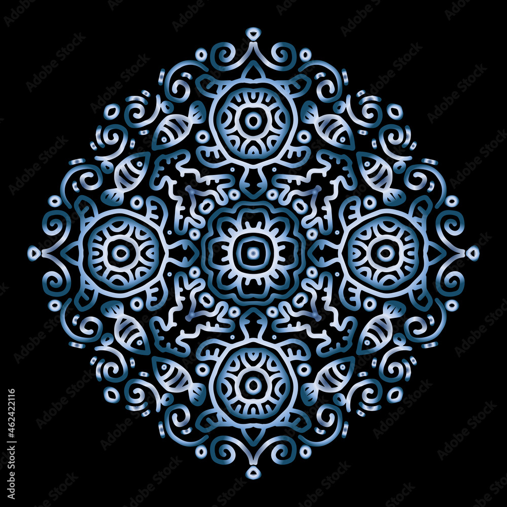 Vector circle of mandala with turtle and fish ornament pattern. Vector circle of mandala with turtle and fish ornament pattern.