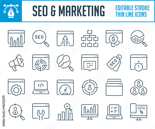 Search Engine Optimization and Marketing thin line icons. Business support, Online advertisements and Ecommerce strategy outline icon set. Editable stroke icons.