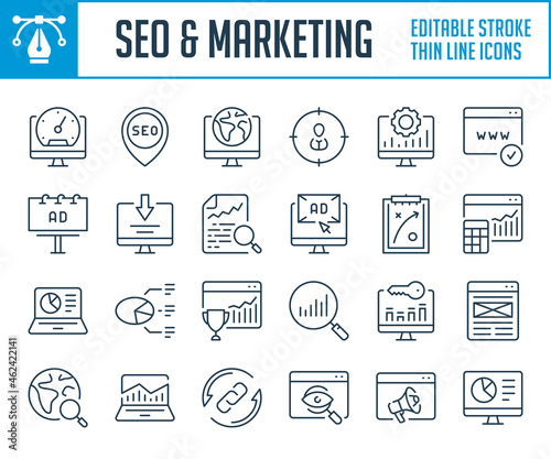 SEO and Marketing thin line icons. Ecommerce strategy, Online advertisements and Business support outline icon set. Editable stroke icons.