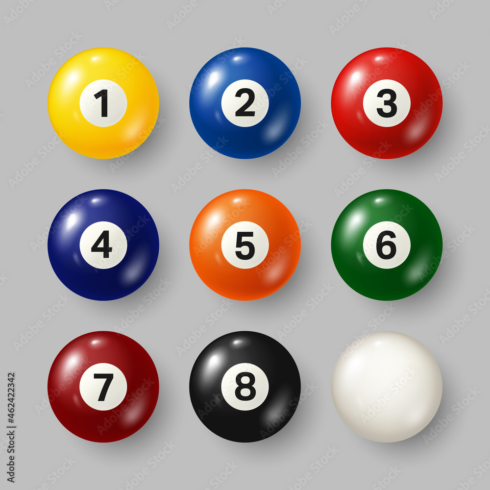 Colorful billiard, pool balls with numbers on gray background. Realistic glossy snooker ball. Vector illustration. Colorful billiard, pool balls with numbers on gray background. Realistic glossy snooker ball. Vector illustration.
