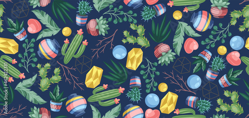 Seamless pattern with cactuses and succulents. Decorative spiky flowering cacti and plants in flowerpots.